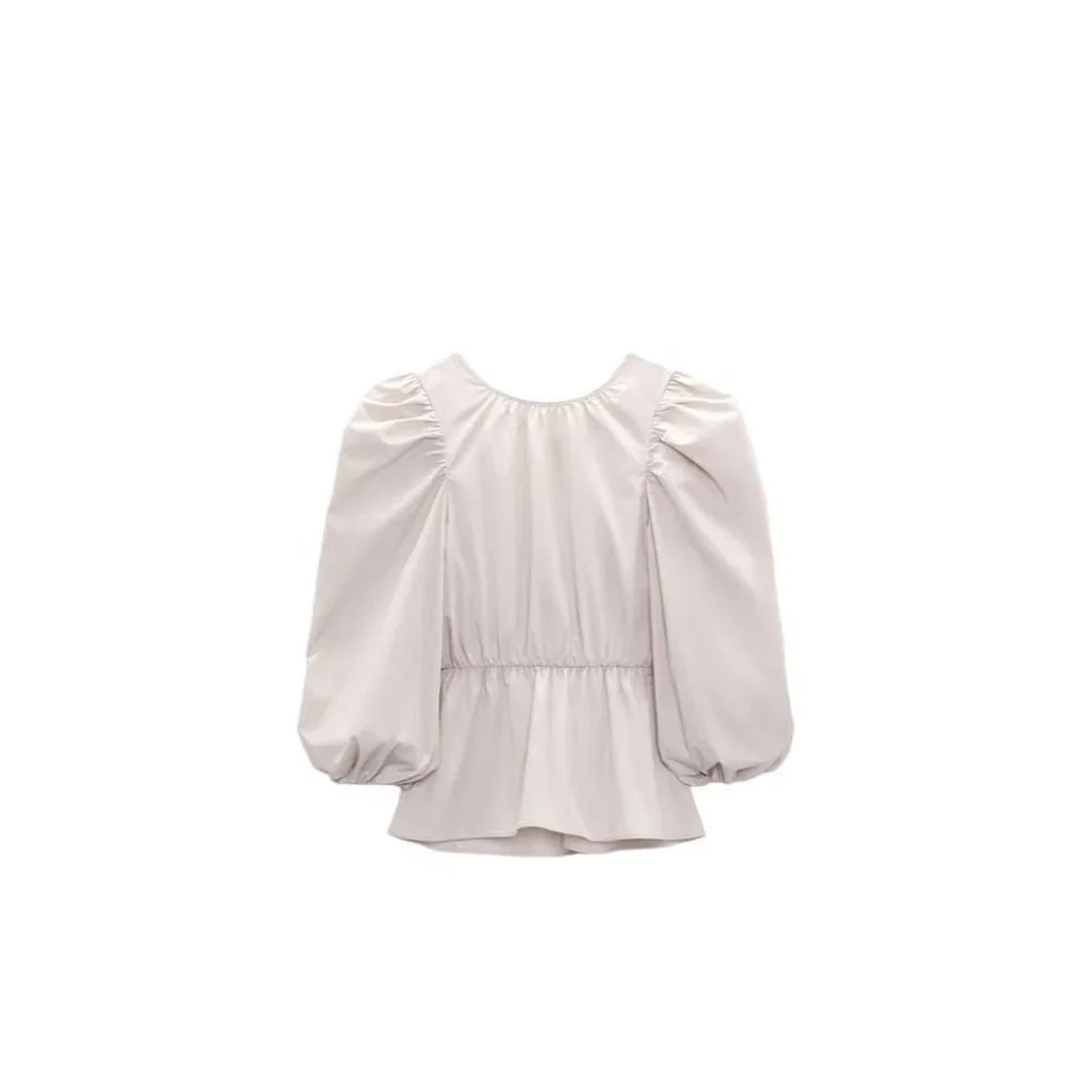 ZARA TOP WITH PUFF SLEEVES GREY / BEIGE SIZE S | 3136/545